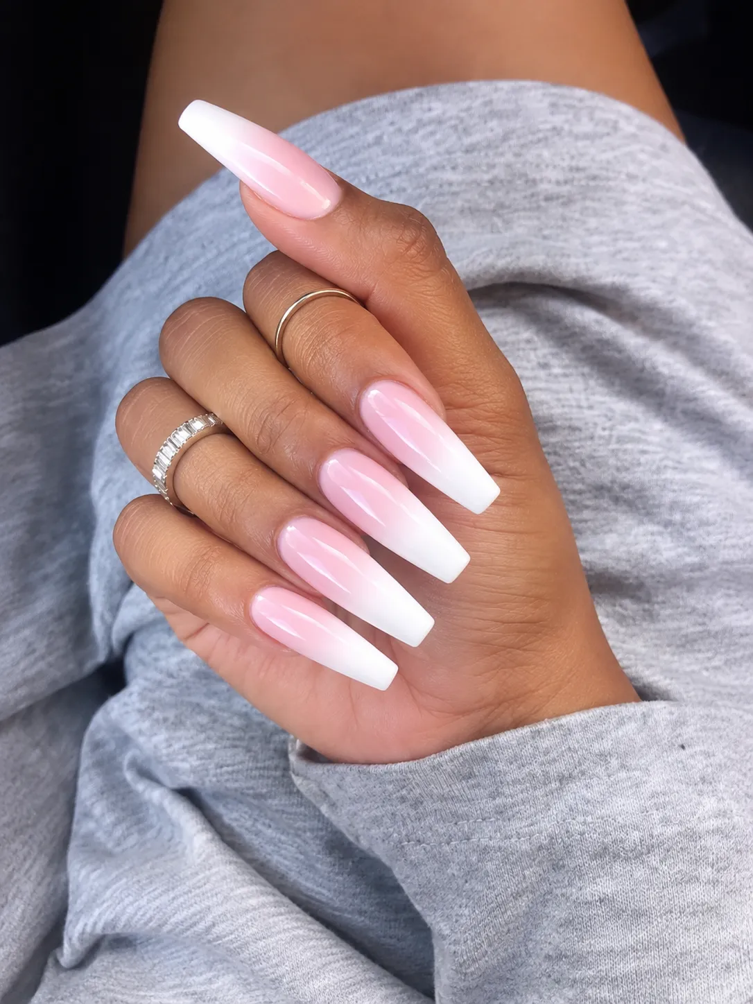 Baby Boomer ombré on long coffin nails with elongated white fade