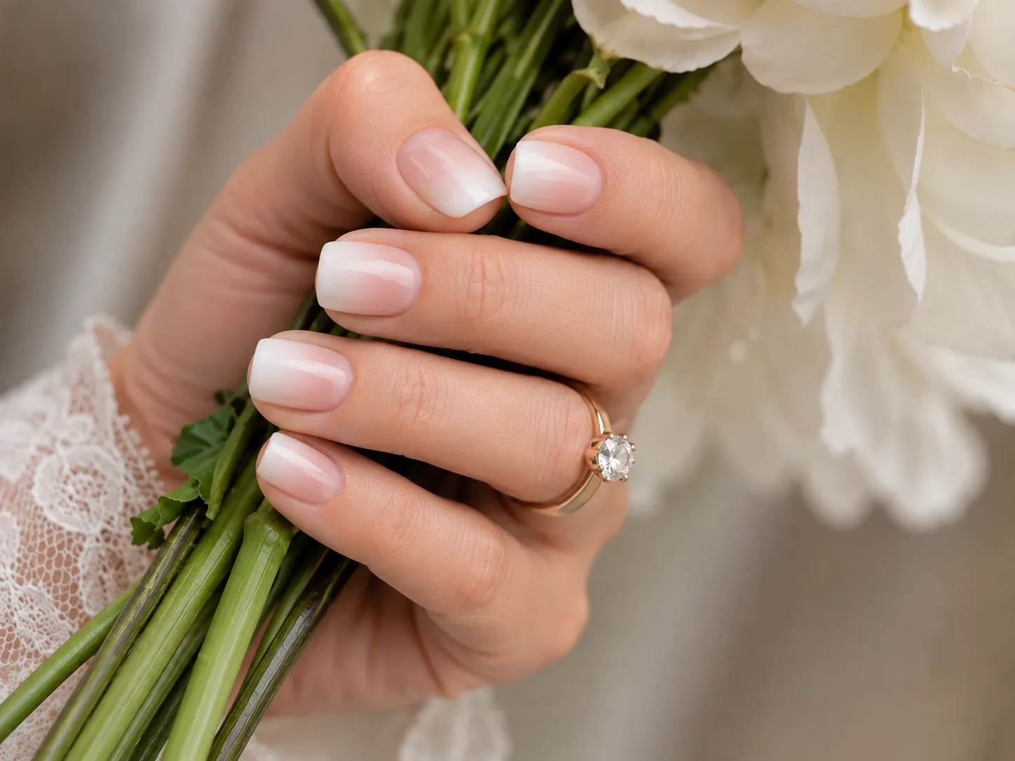 Baby Boomer ombré on short squoval nails with broad balanced transition