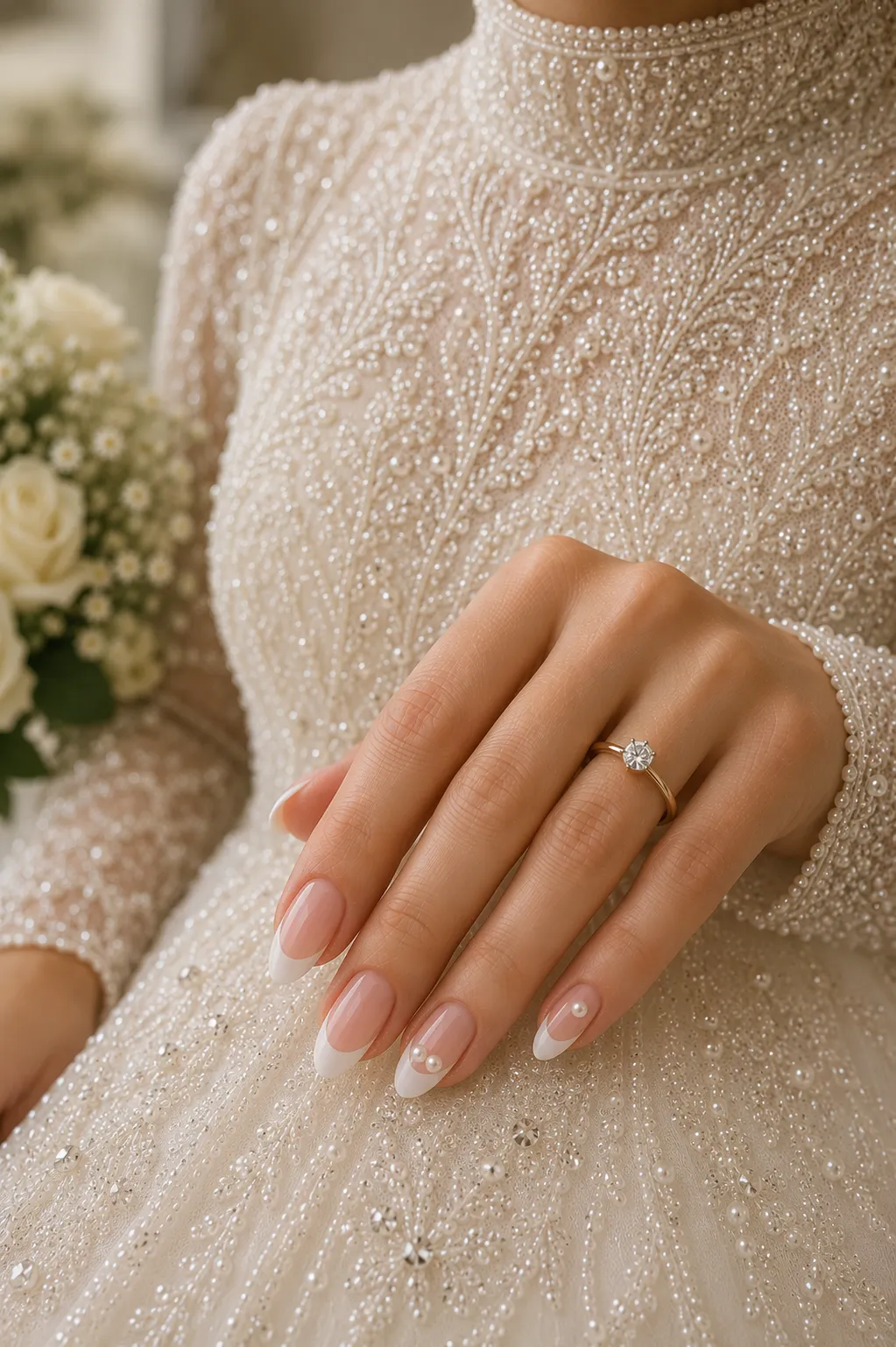 Bride in a beaded gown wearing simple French tips with sparse ivory pearl accents