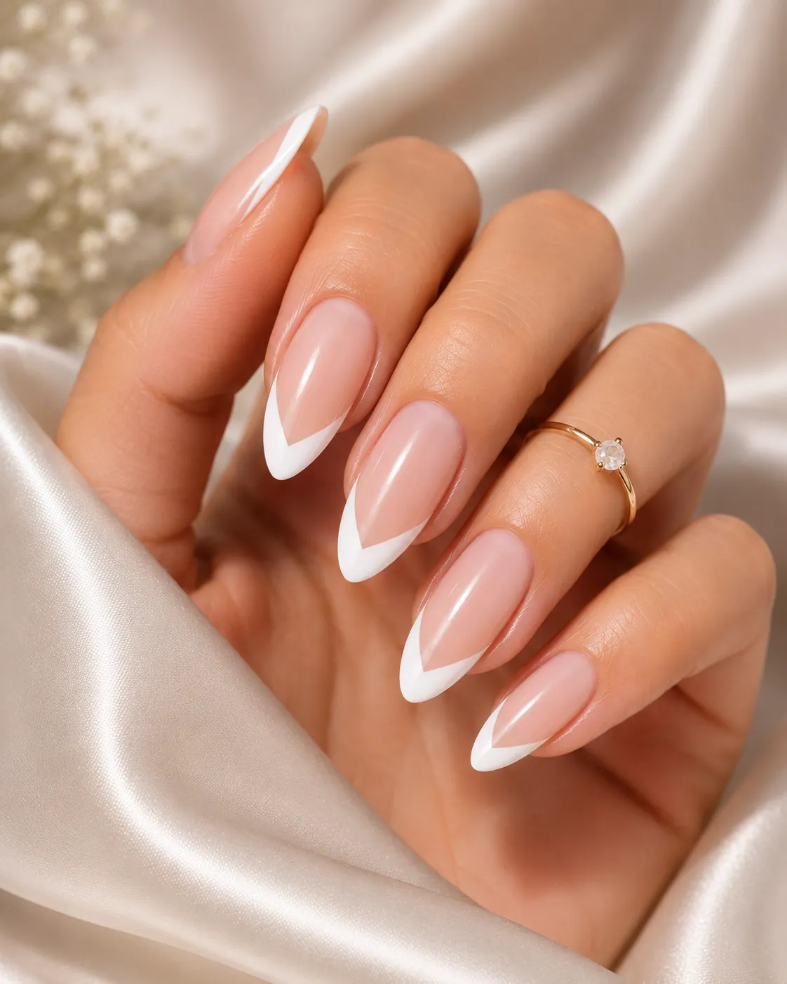 Medium almond V-cut French tip nails with centered white chevrons on a sheer blush base