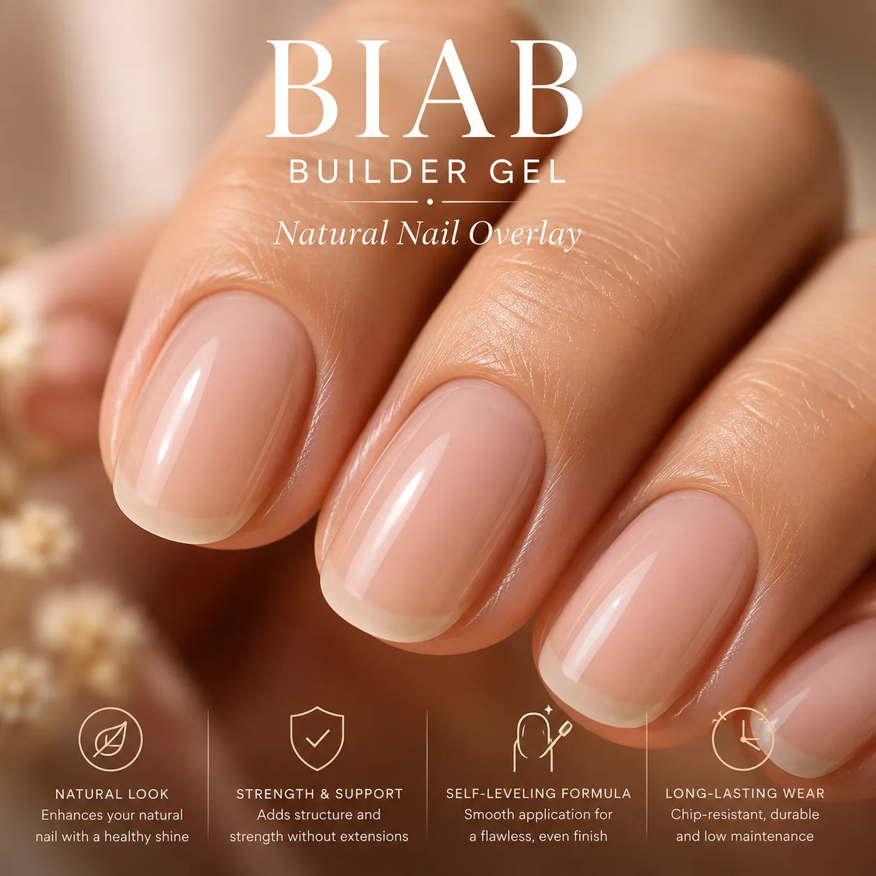 Macro view of a BIAB builder gel structured overlay on short natural nails