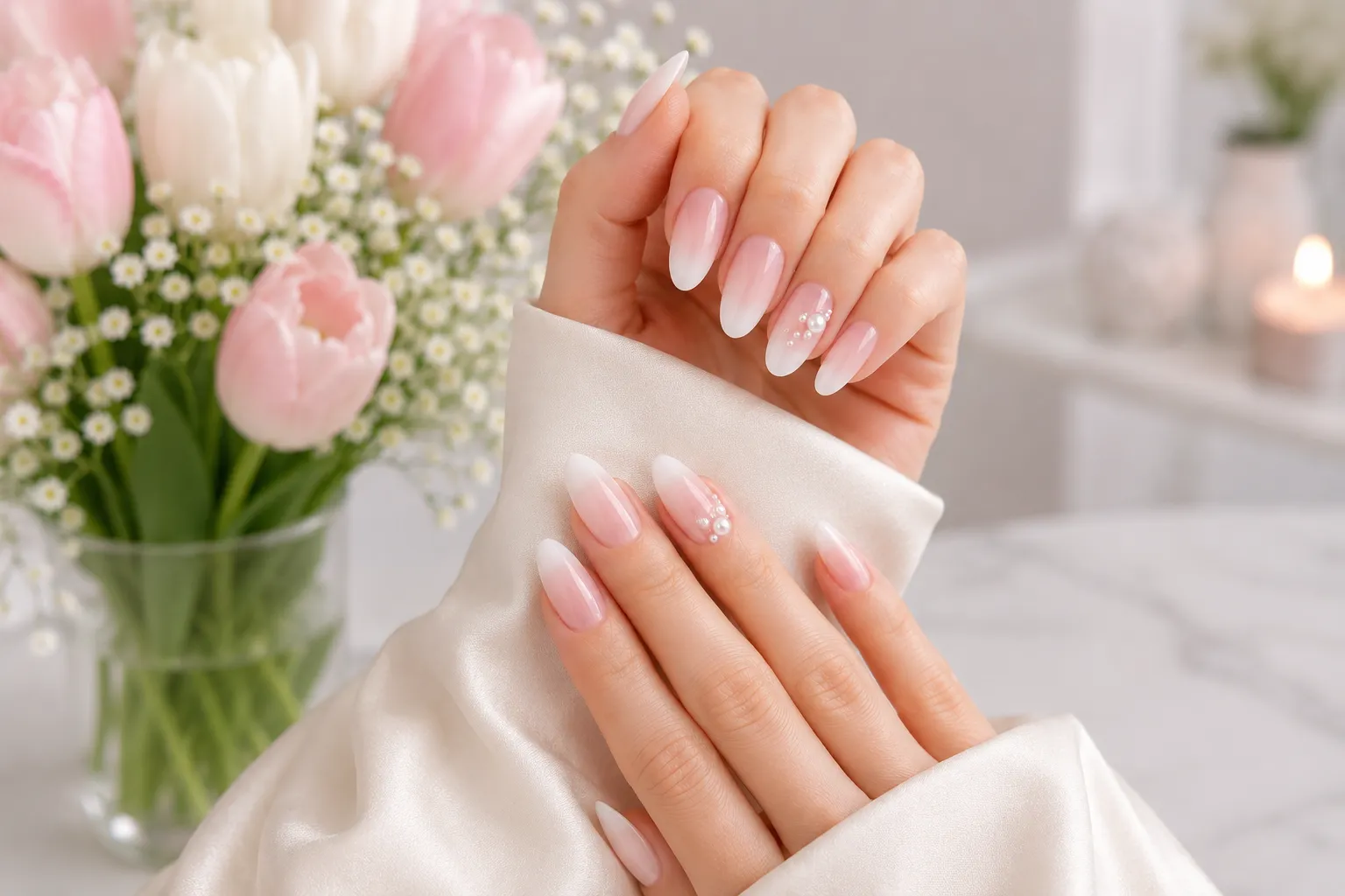 Soft baby boomer ombré French manicure.
