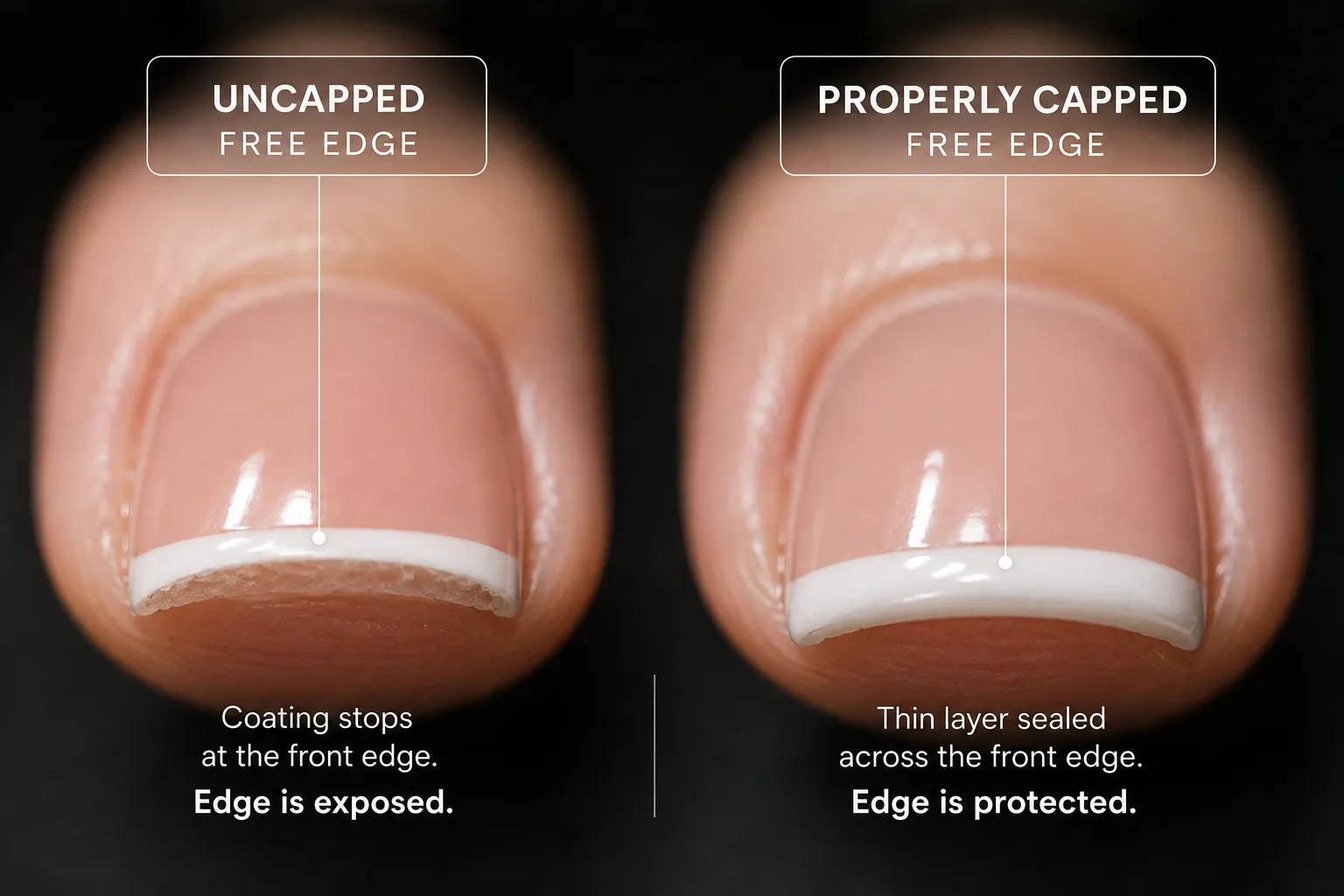 Macro front-view comparison of an uncapped nail edge and a thin properly capped nail edge