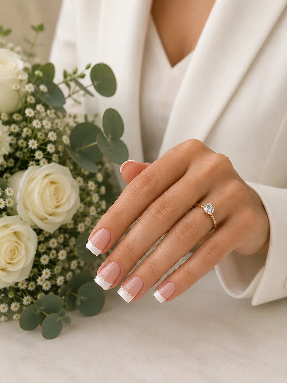 Modern bride in ivory tailoring wearing short square pearl French tip nails