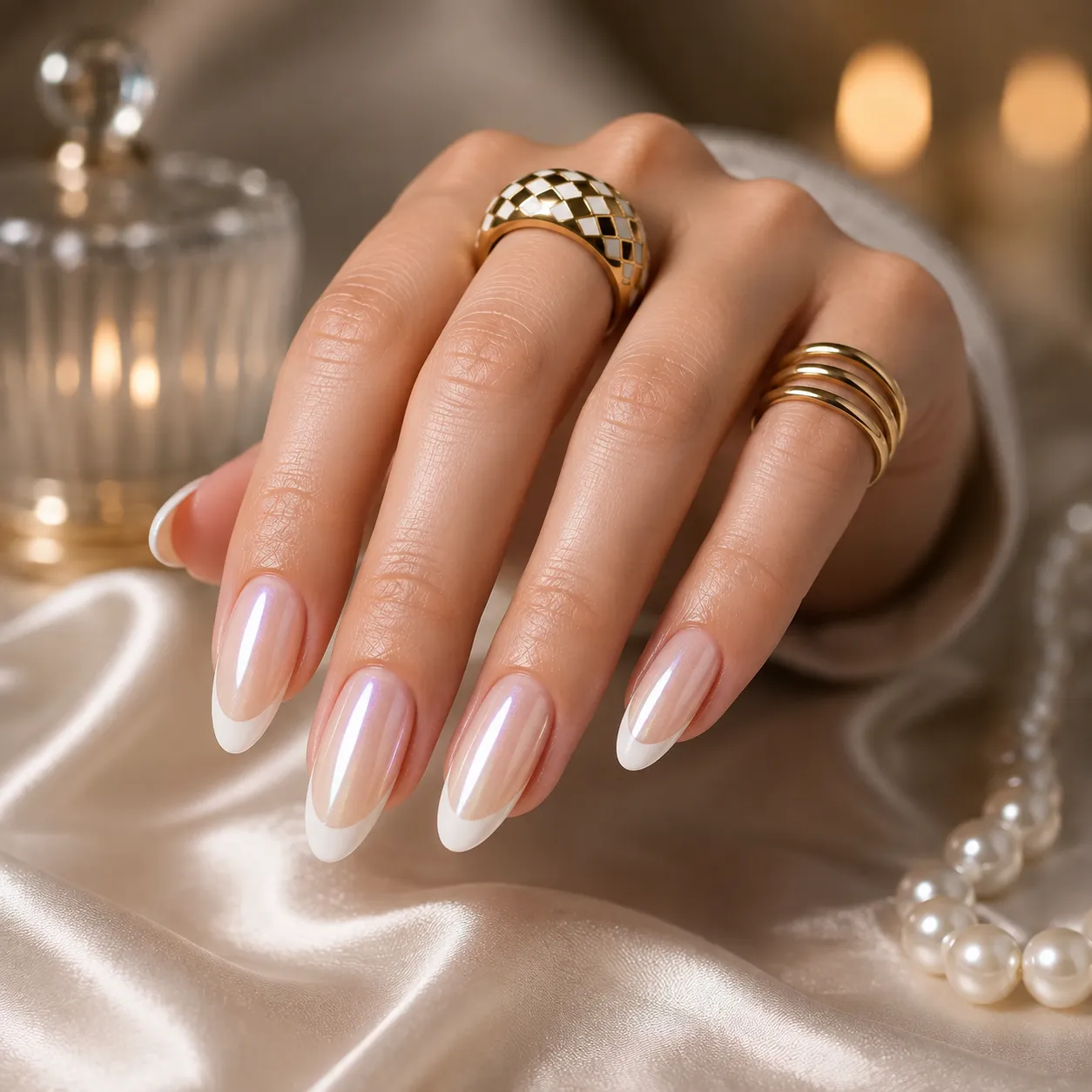 Classic glazed donut French tip nails with milky white edges and soft pearl reflection
