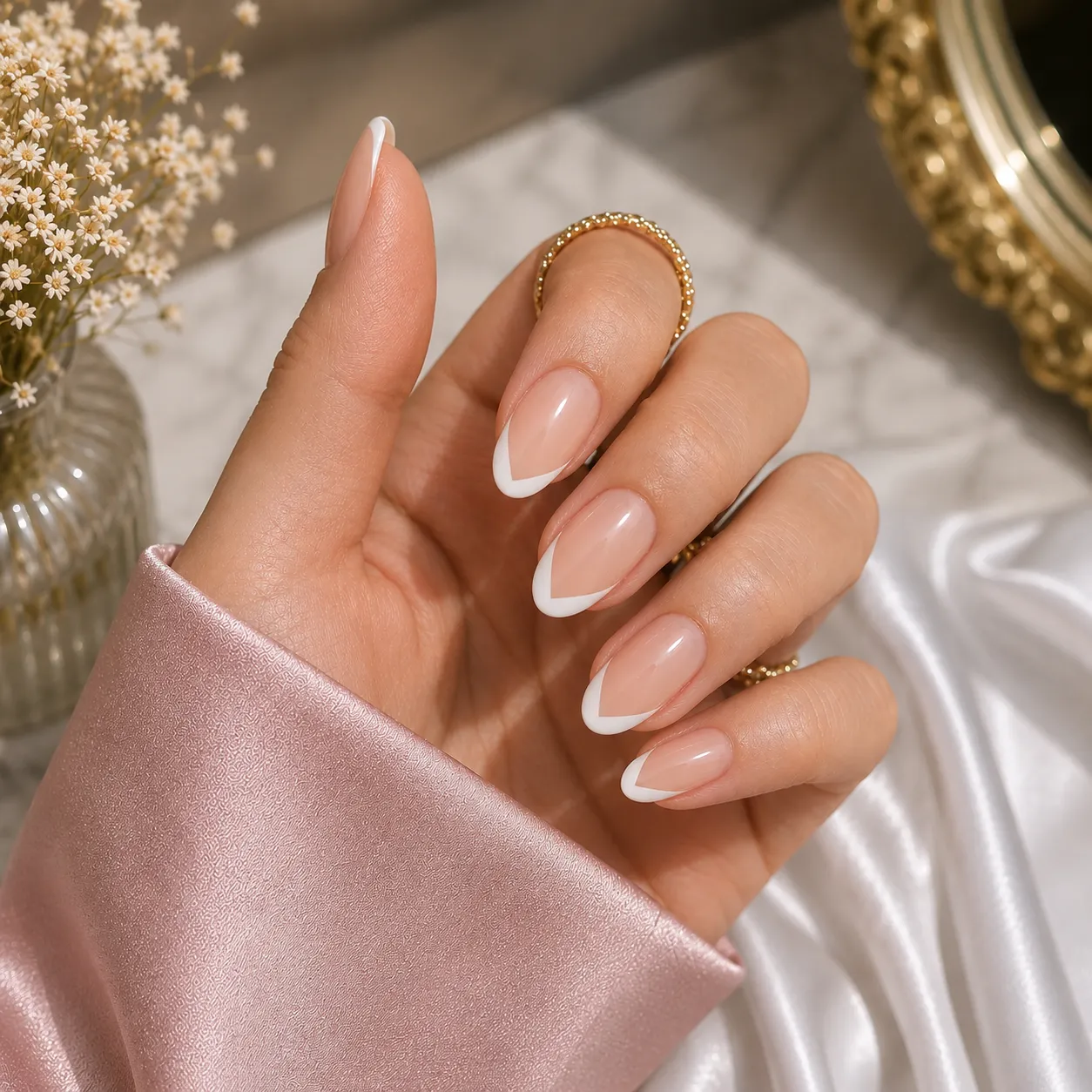 Classic white V-cut French tip nails on a sheer blush base