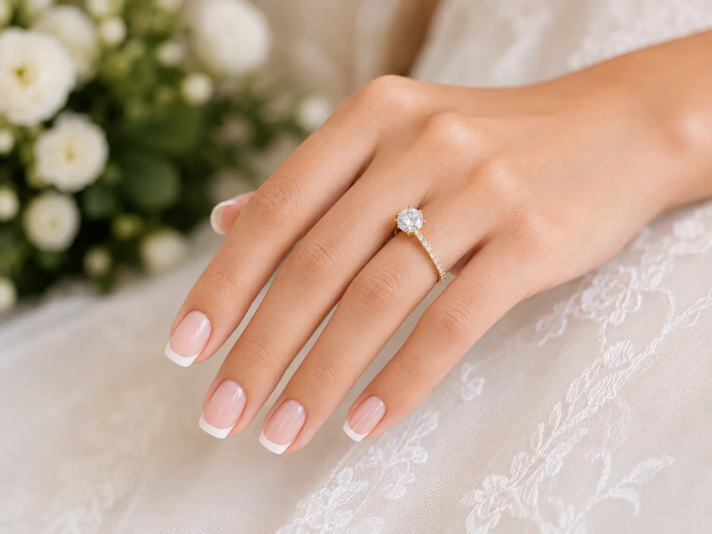 Close-up wedding ring photograph with a crisp classic French manicure