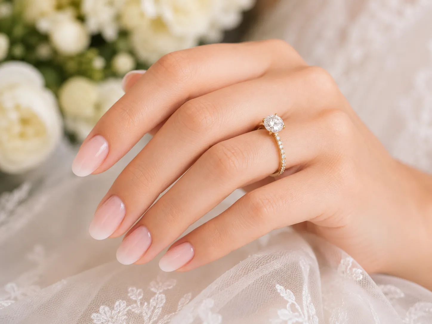 Close-up wedding ring photograph with soft Baby Boomer ombré nails