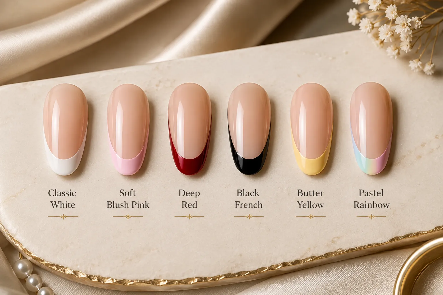 Comparison of multiple coloured French manicure styles.