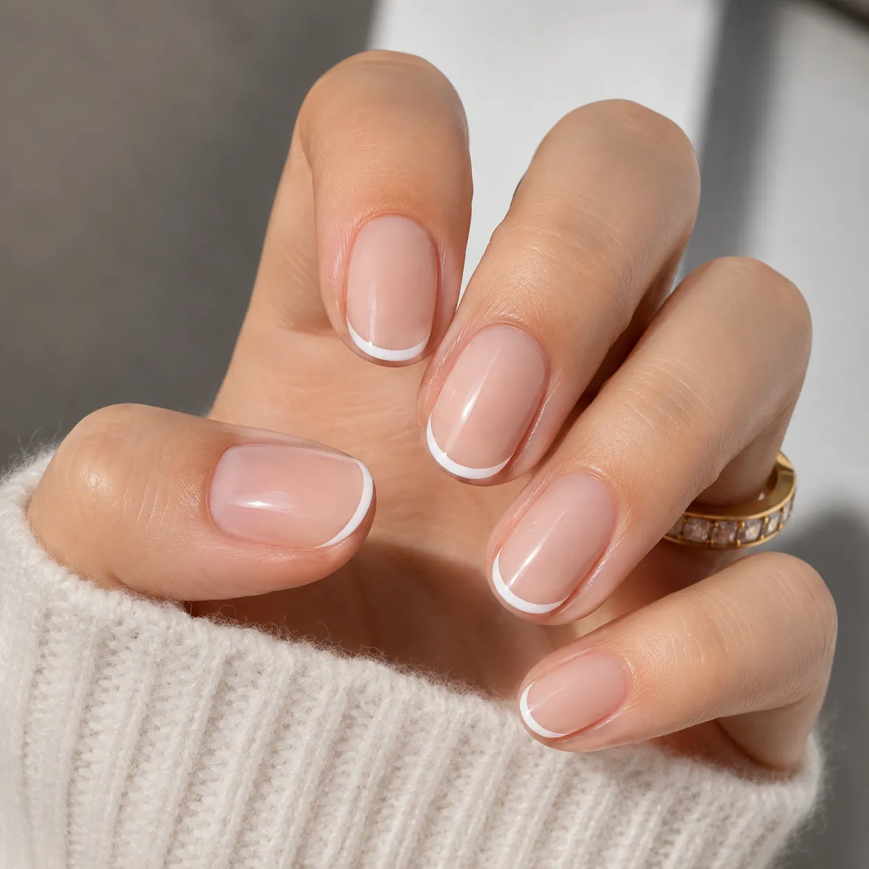 Crisp white French tip showing even opacity and a thin free edge