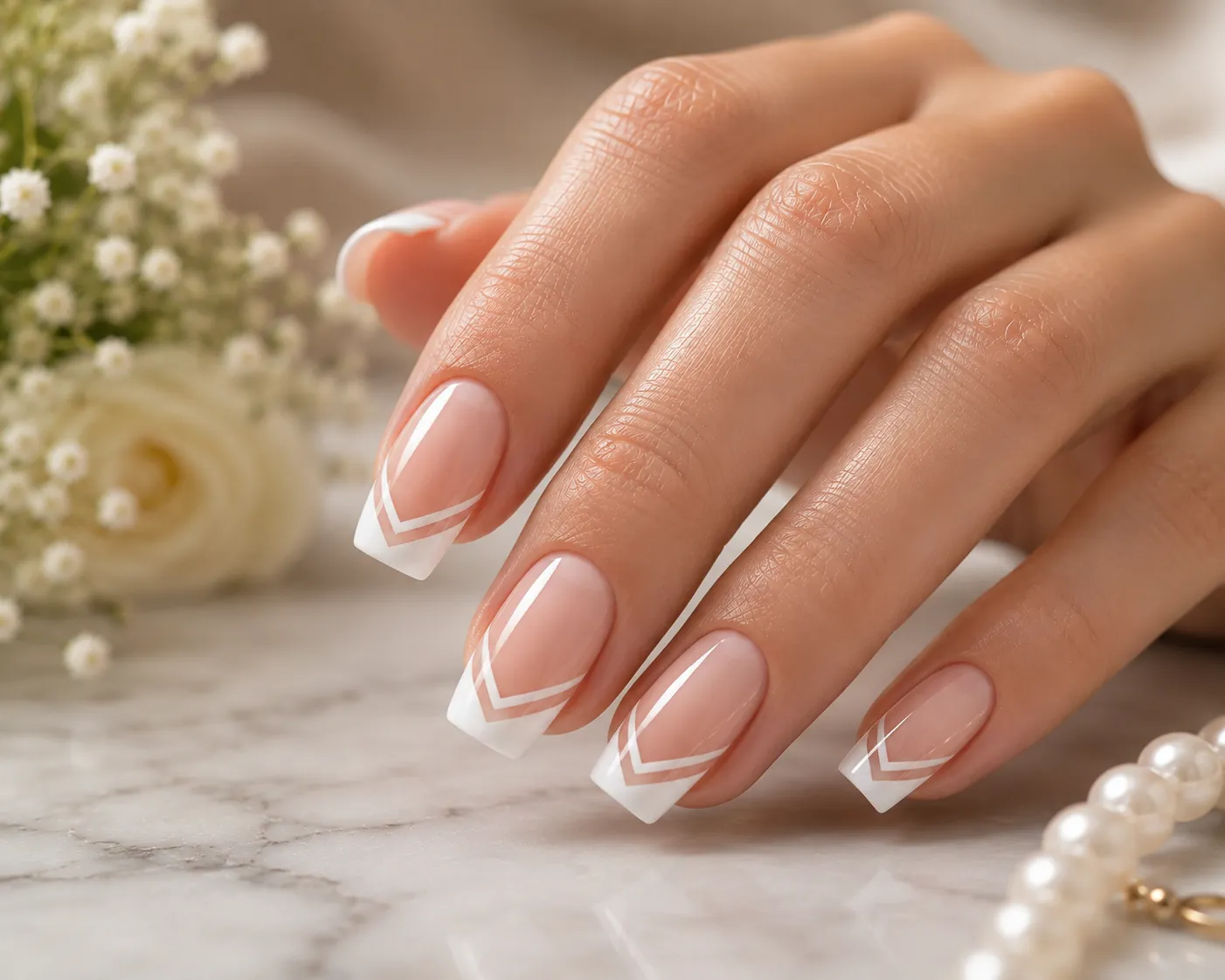 Double-line white V-cut French tip nails with two parallel chevrons