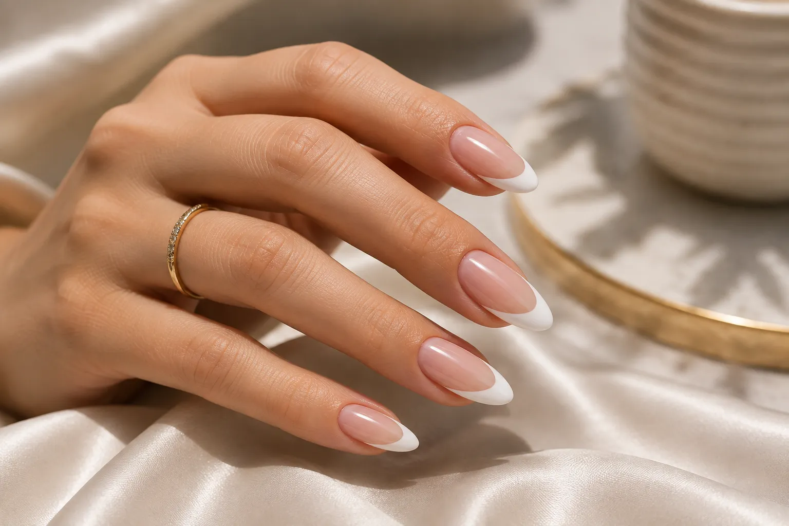 Classic glossy white almond French manicure without raised embellishments