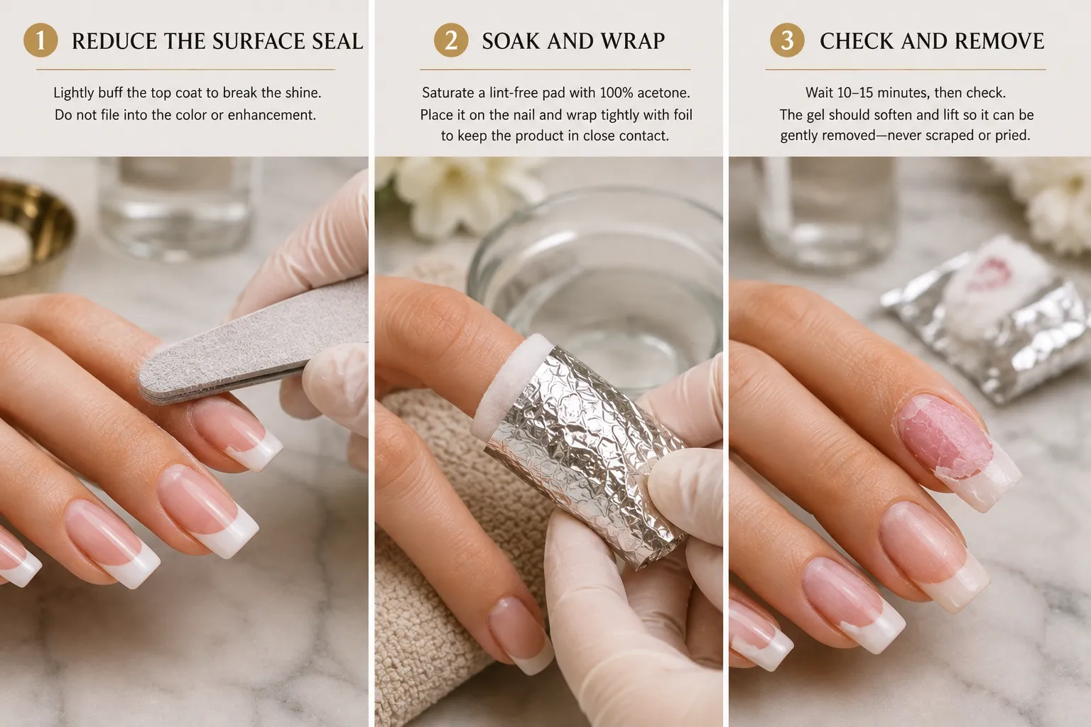 Three-stage nail removal sequence showing surface seal reduction, acetone-soaked cotton foil wrap and softened gel after soaking