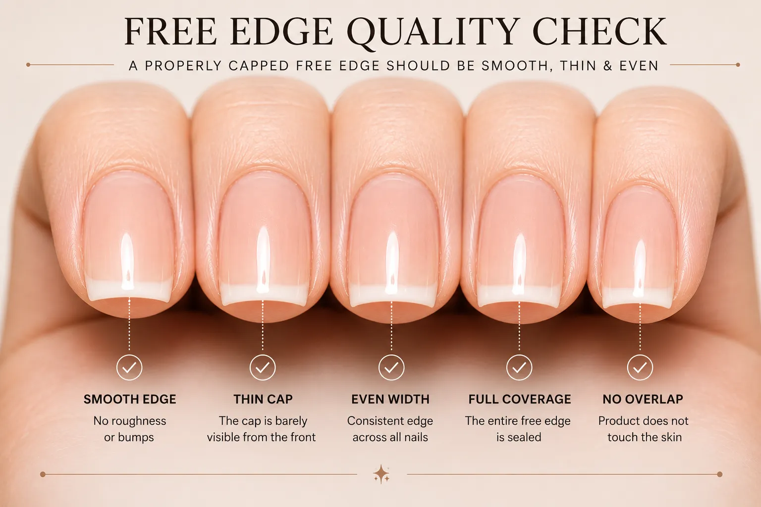 Close front-facing inspection of five finished nails showing smooth thin and even capped free edges