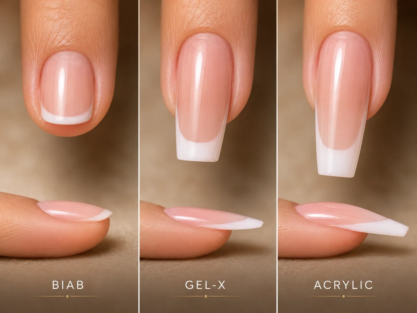 French manicure shown on BIAB, Gel X and acrylic nail systems
