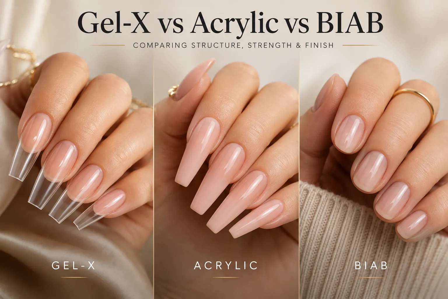 Side-by-side salon comparison of BIAB overlay, Gel X extension and acrylic enhancement