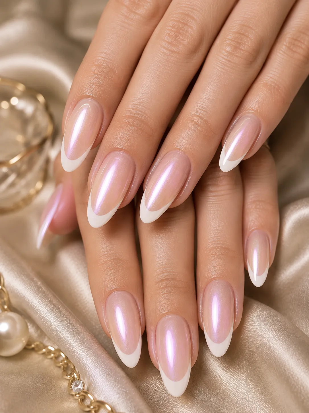 Glazed donut French tips on medium almond nails with a soft pearlescent veil