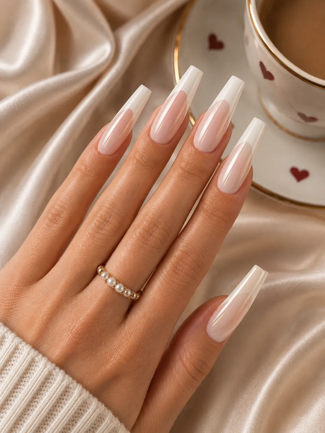 Glazed donut French tips on coffin nails with a visible flat free edge