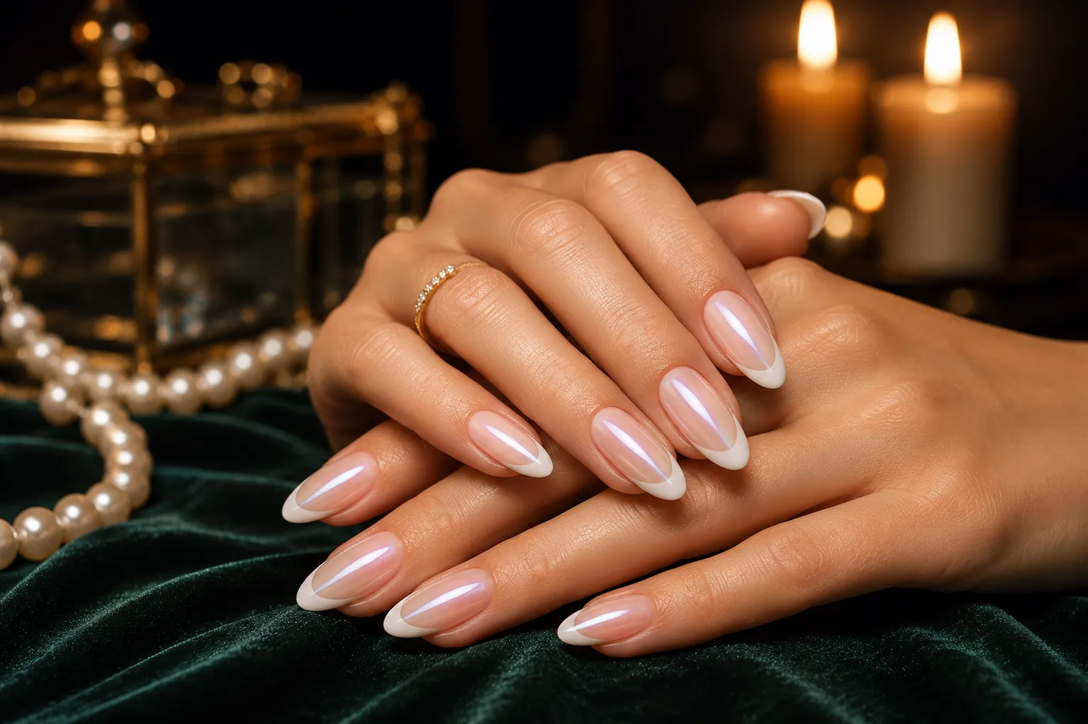 Luxury glazed donut French tip nails with luminous pearl reflections, soft white tips, and a sheer blush base