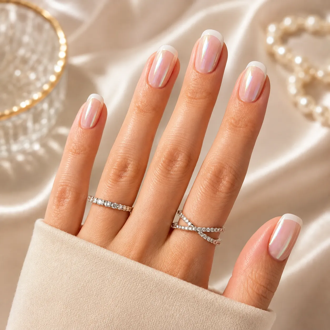 Longer squoval glazed donut French tip nails