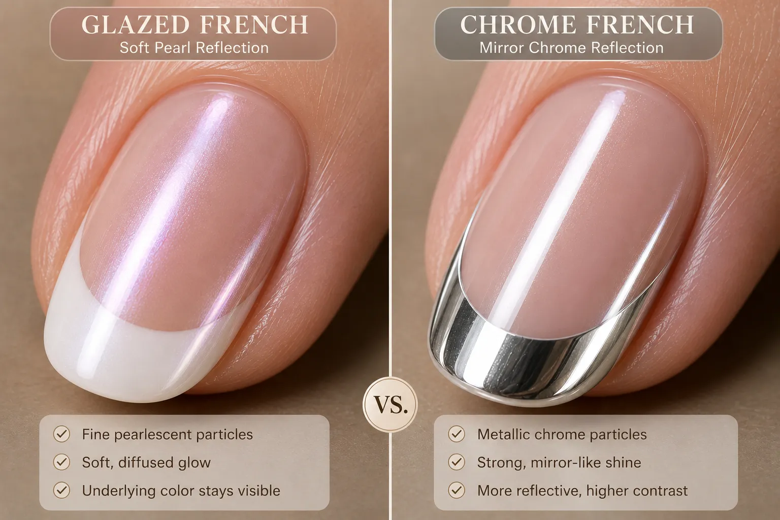 Educational comparison between soft glazed French reflection and stronger mirror chrome French reflection