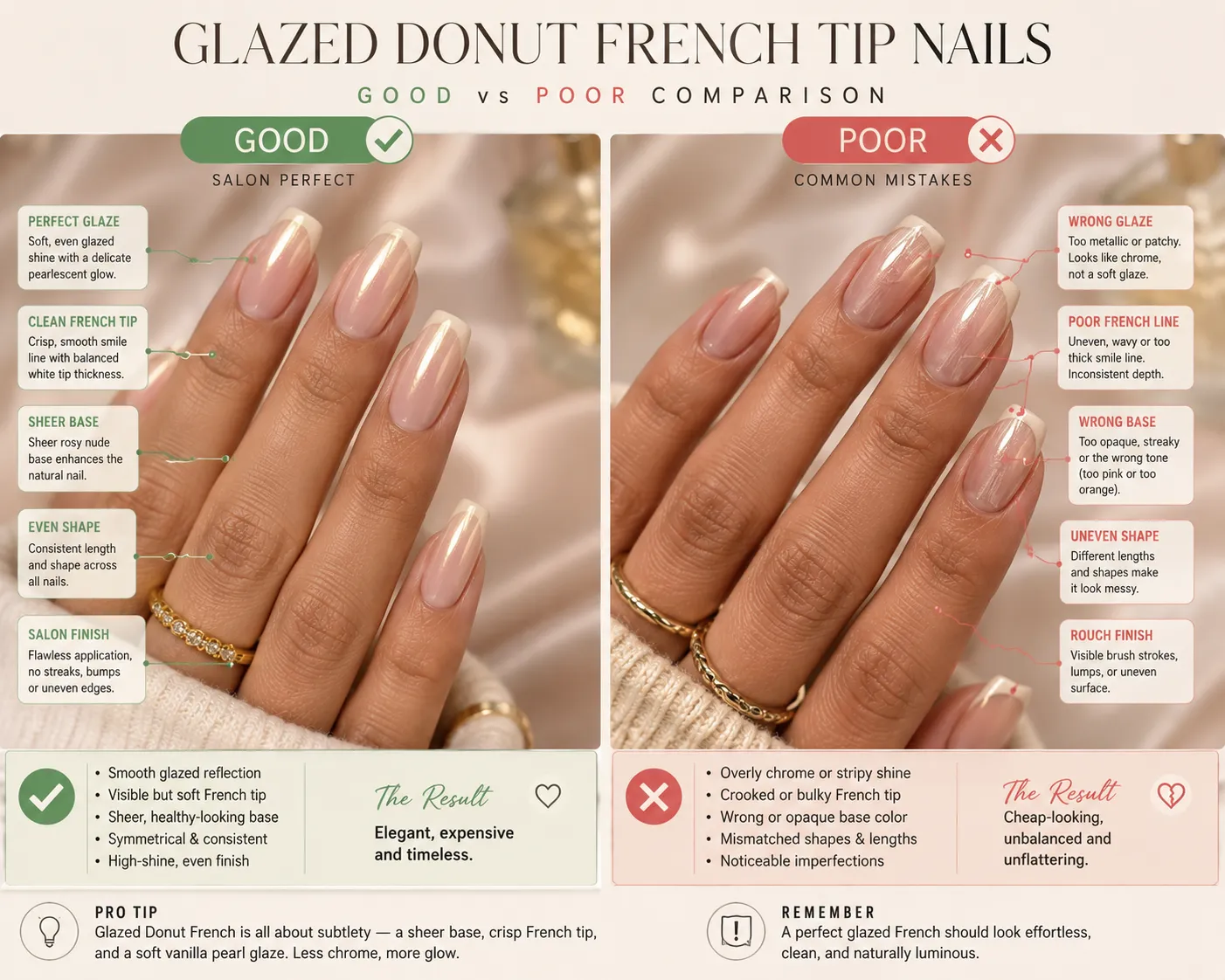 Educational comparison showing a clean glazed French tip beside cloudy uneven pearl application with hidden tip structure