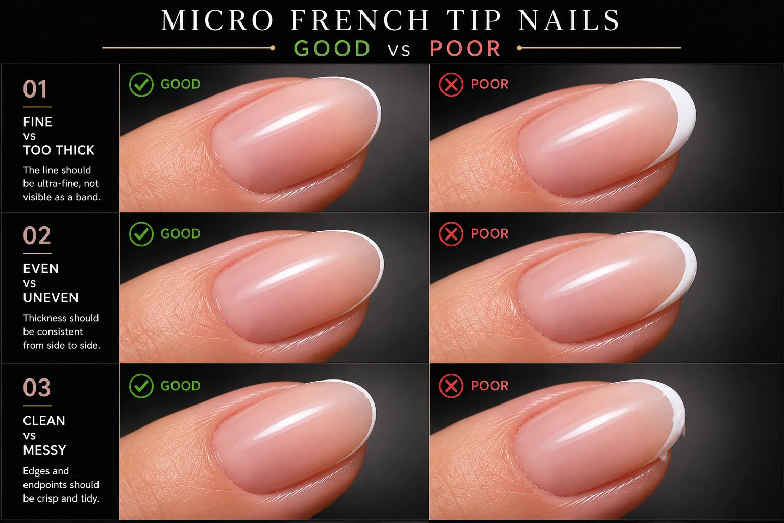 Good versus poor micro French tip nails showing balanced line weight clean endpoints and correct proportions