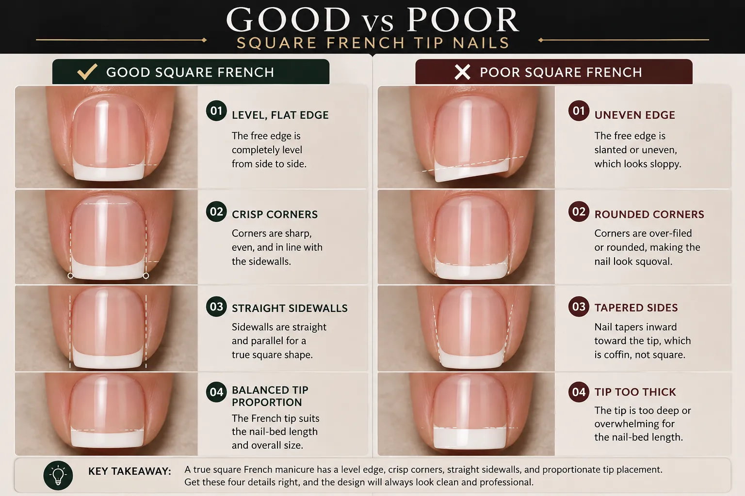 Good versus poor square French tip nails showing correct geometry and subtle shaping errors