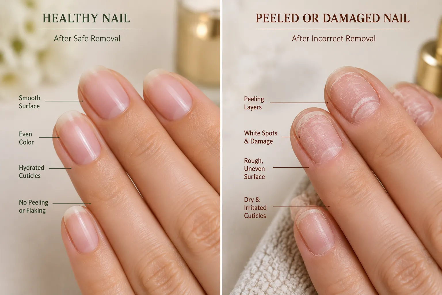 Macro comparison of a healthy natural nail surface and a nail surface damaged by peeling off bonded enhancement product