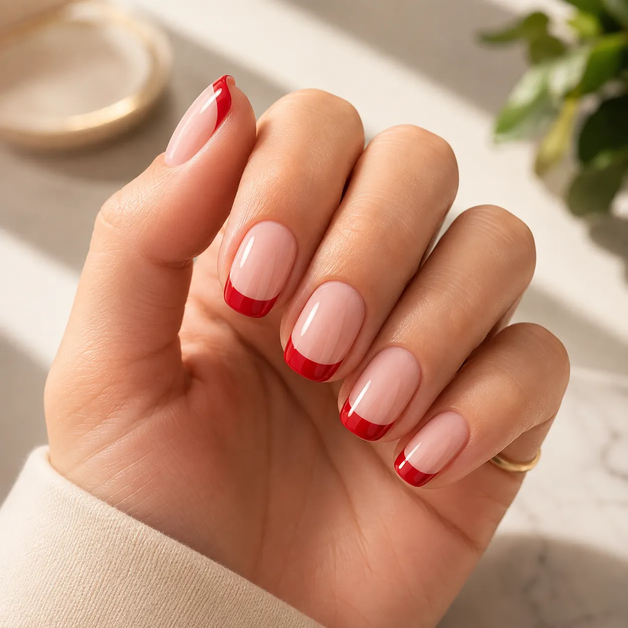 High-quality red French tips with even opacity and a clean smile line