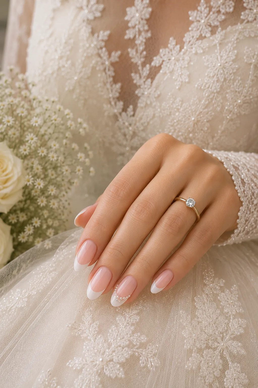 Bride with lace fabric wearing short almond French tips with low-profile micro pearls