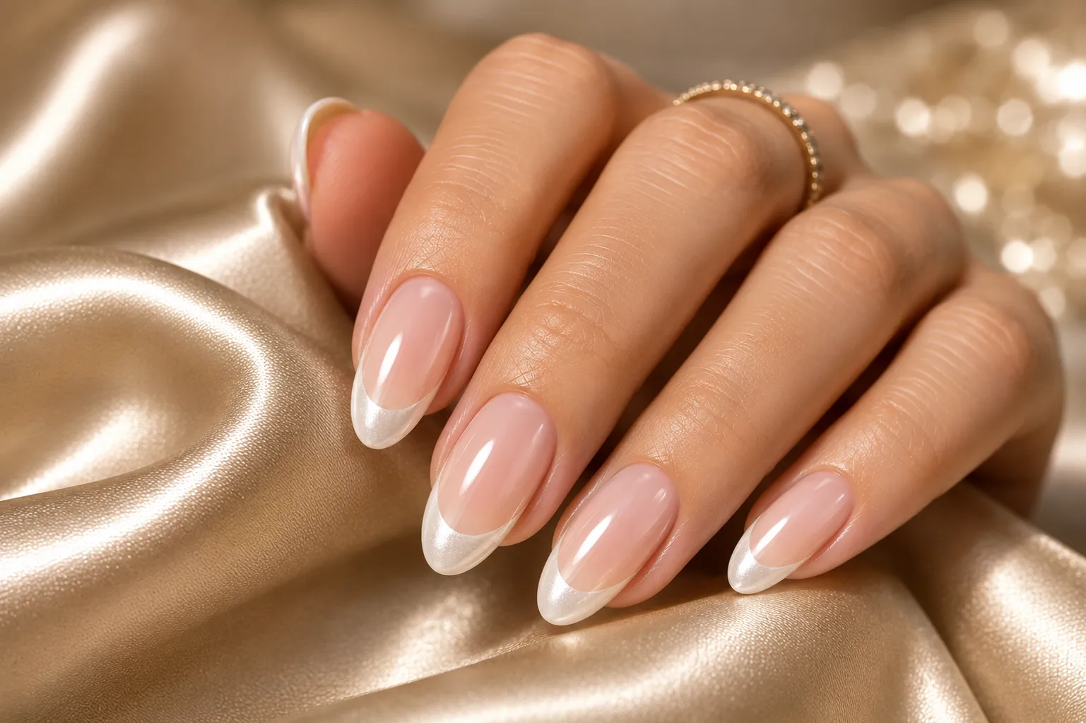 Luxury close-up of glazed donut French tip nails with a sheer blush base, soft white tips, silky pearl reflection, and fine jewelry