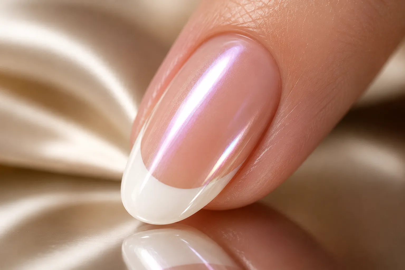 Macro close-up of a glazed donut French tip showing a visible white edge beneath a soft pearlescent veil