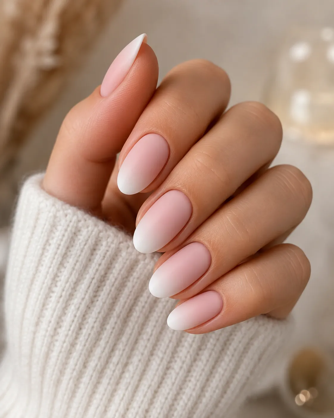 Matte Baby Boomer French nails with velvet-soft pink to white gradient