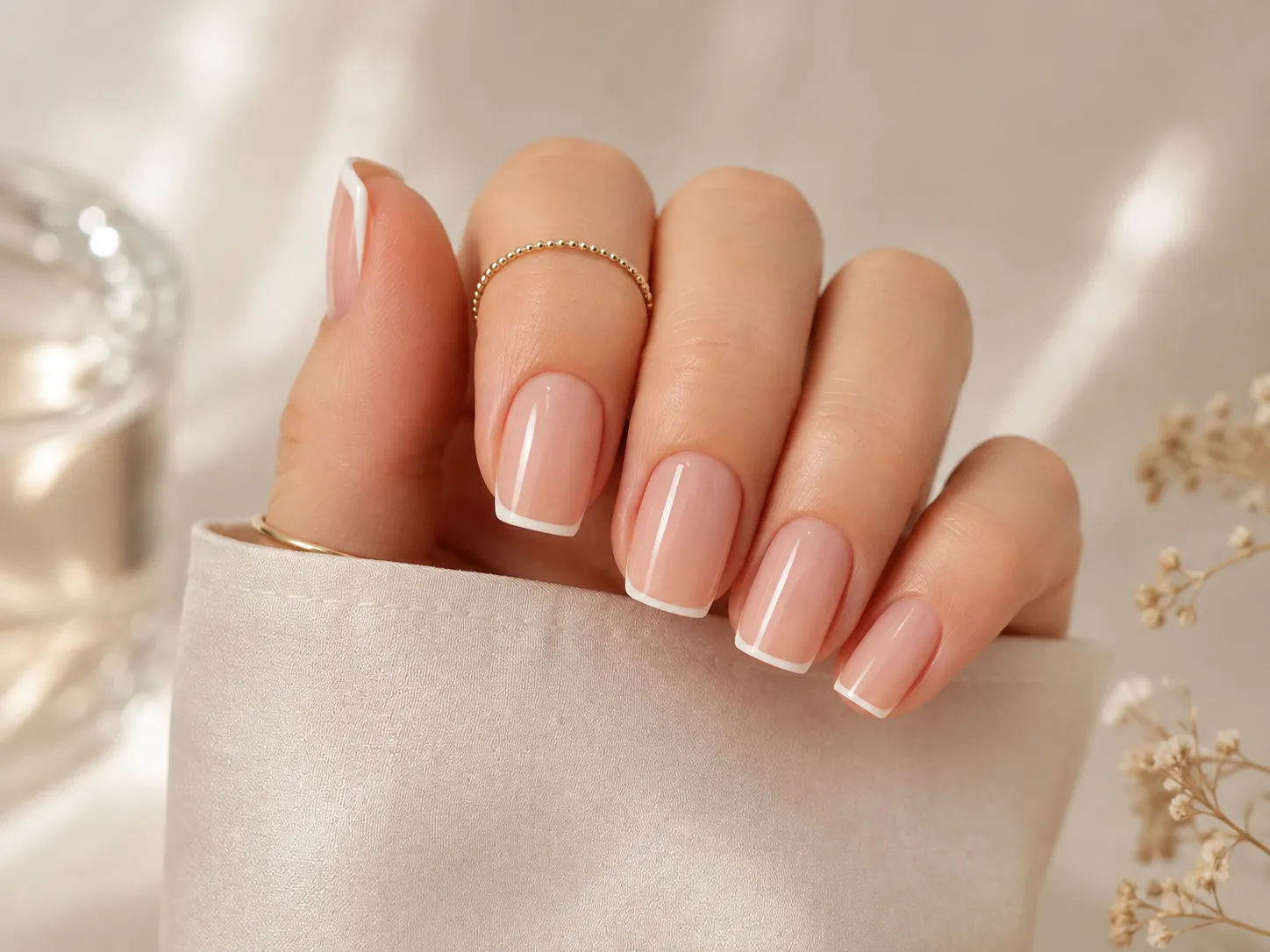Luxury editorial micro French tip nails with ultra thin white edges on glossy natural nails
