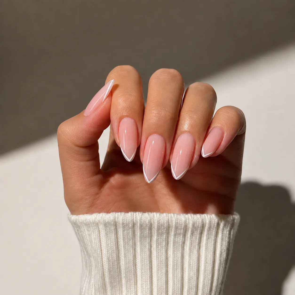 Micro V-cut French tip nails with thin white diagonal lines