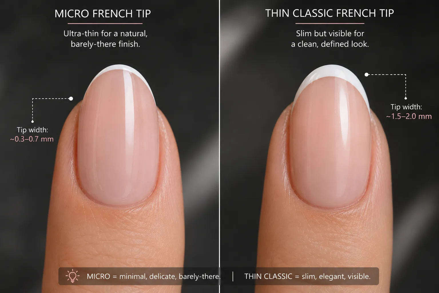 Micro French and thin classic French tip widths compared in close up