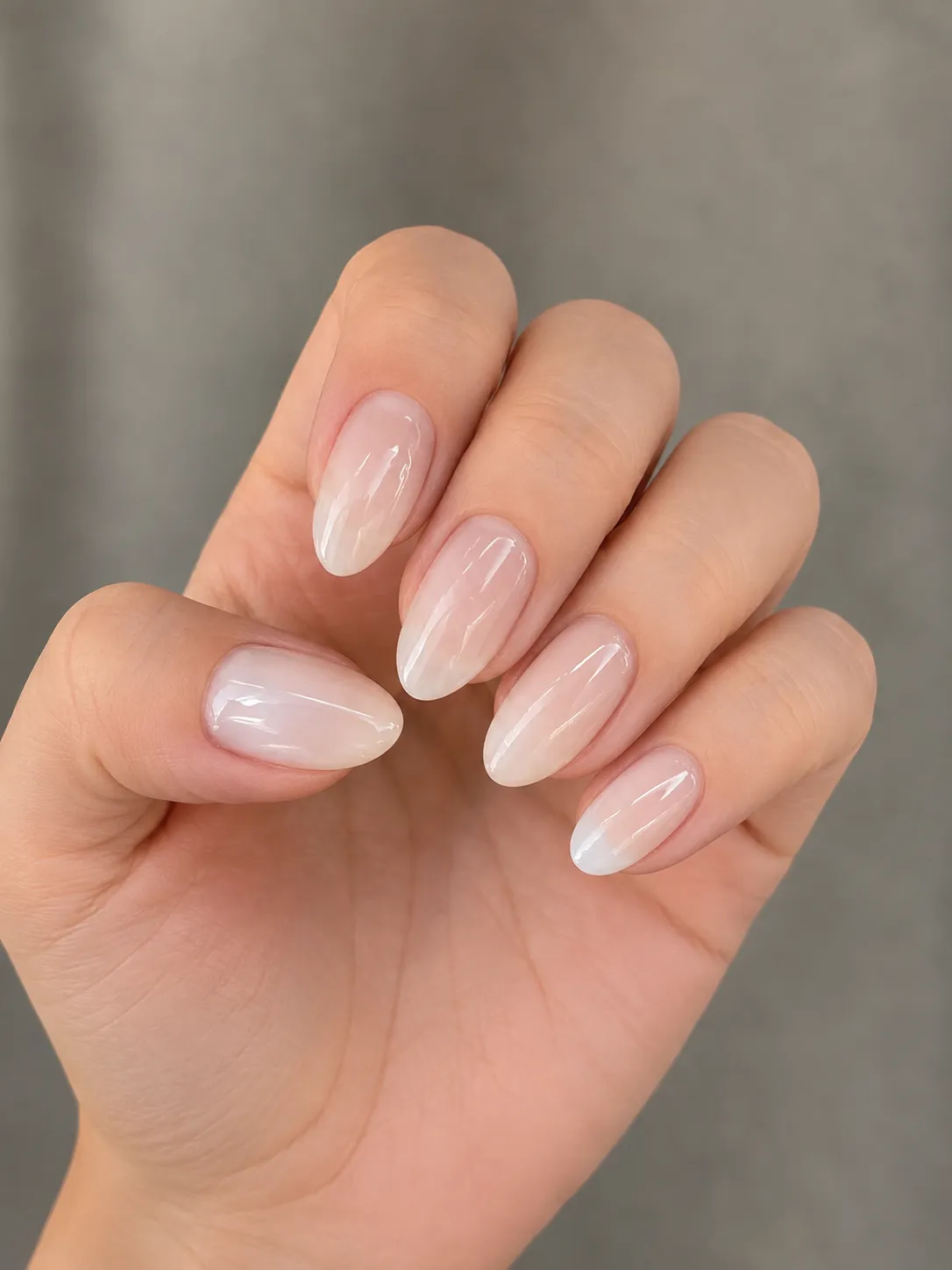 Milky nude manicure with translucent white coverage and no defined French placement