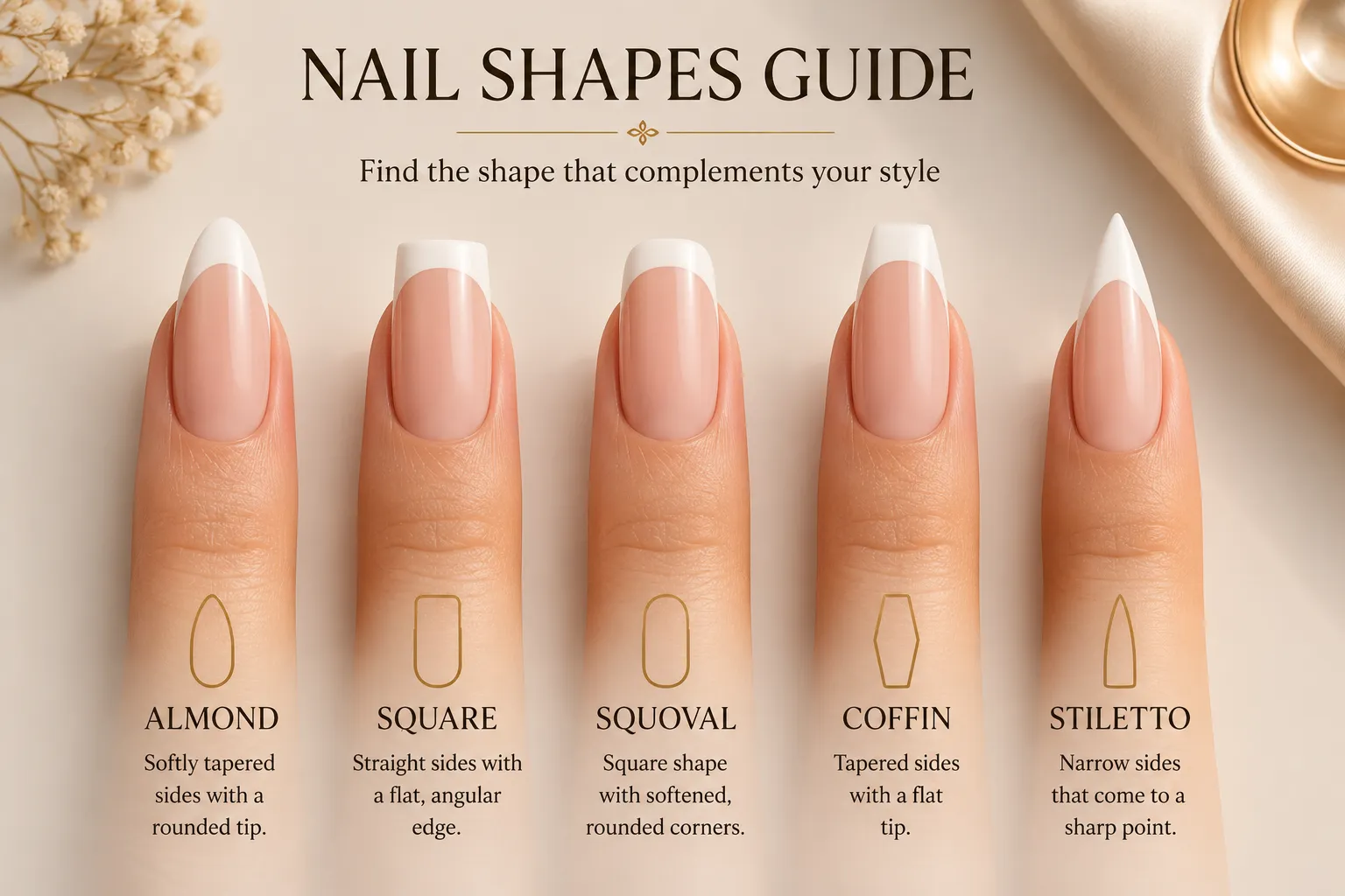 Guide to major nail shapes including almond square coffin and stiletto