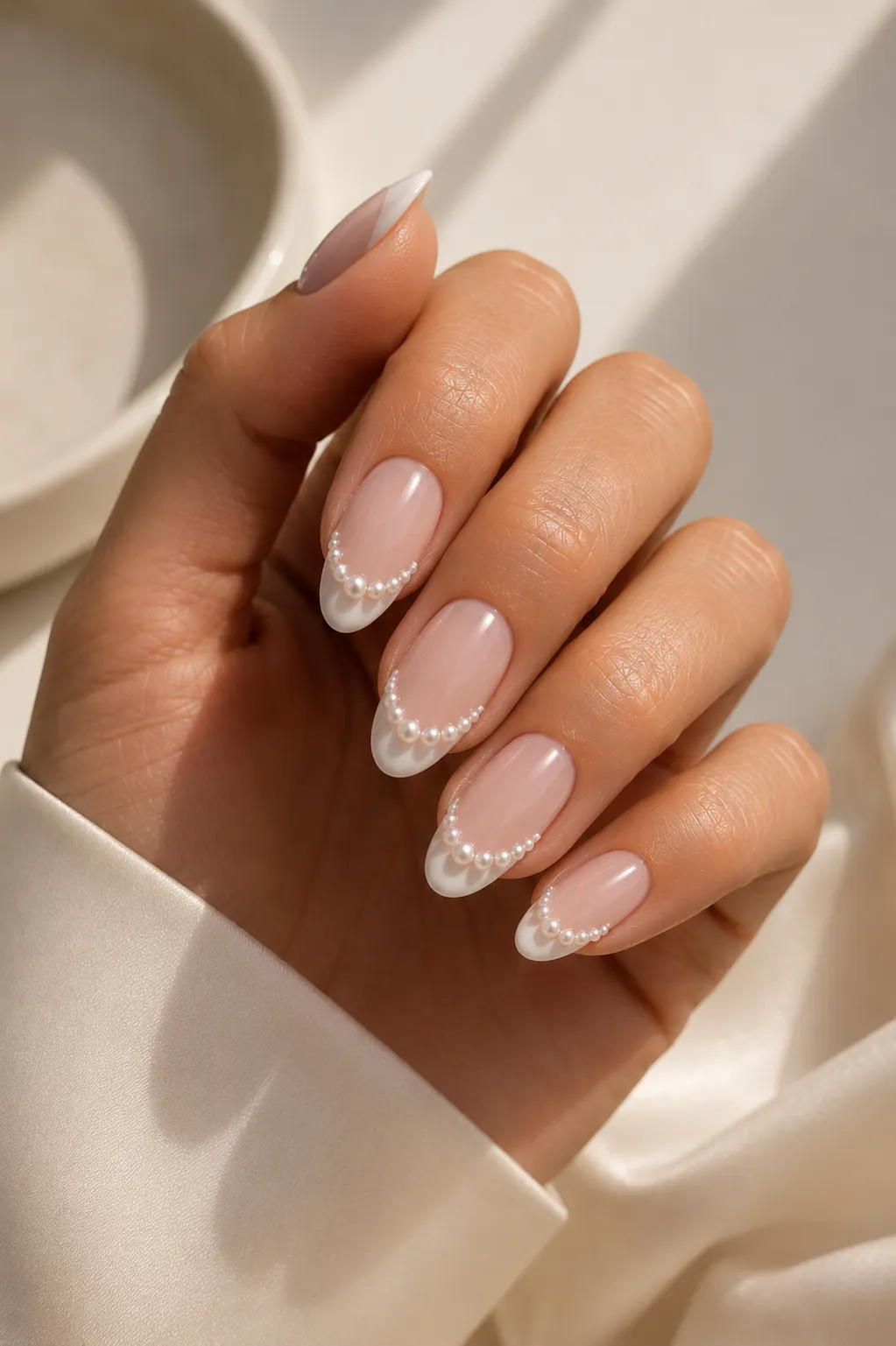 Short oval pearl French tip nails with delicate low-profile micro pearl accents