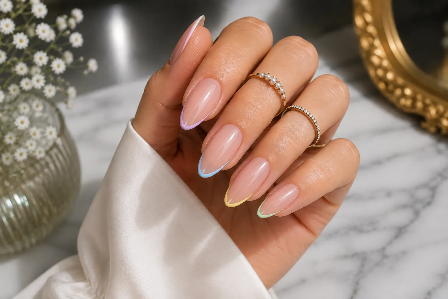 Pastel rainbow micro French tip manicure on natural nails