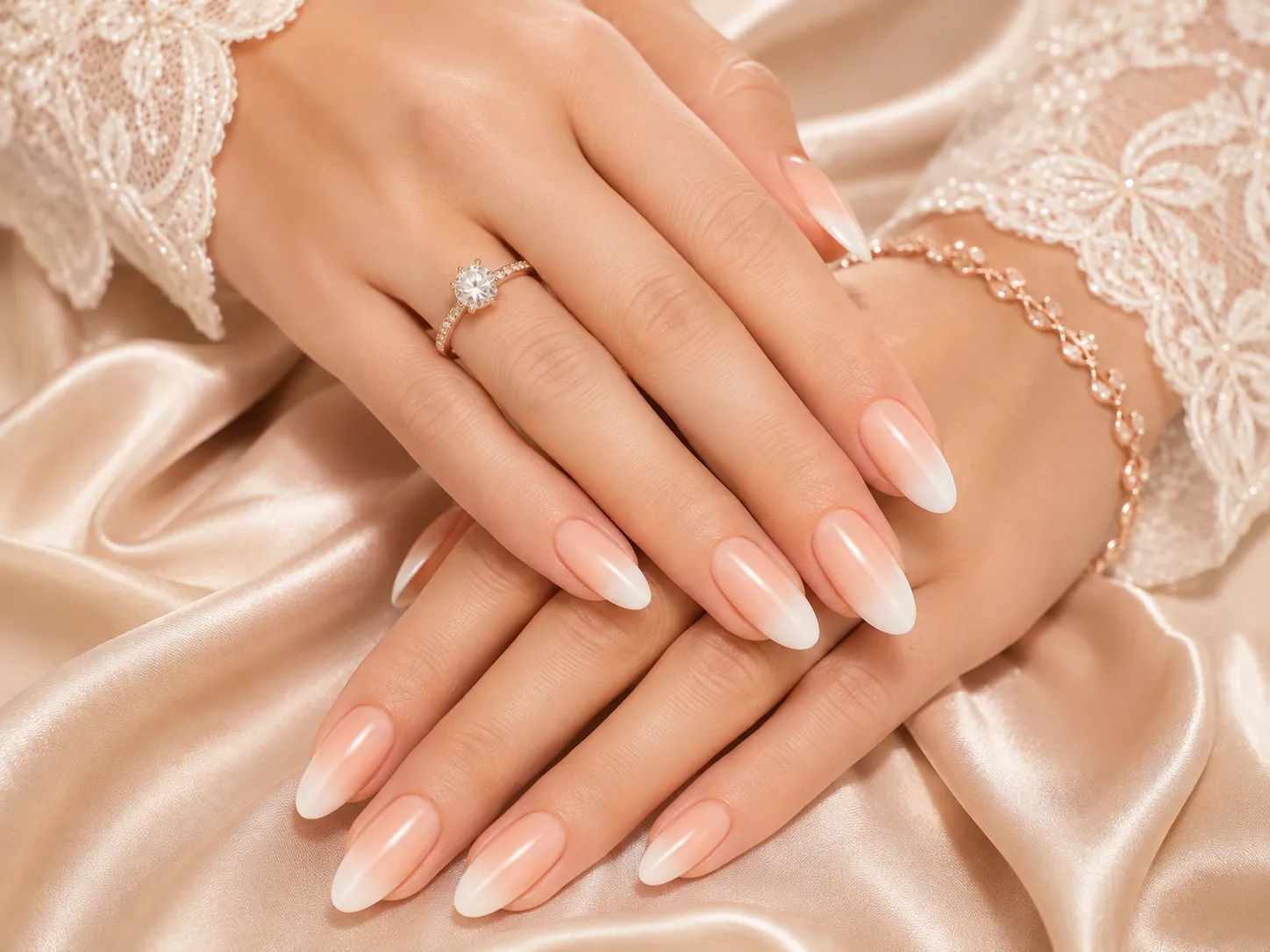 Peach blush Baby Boomer nails beside champagne satin and rose gold jewelry