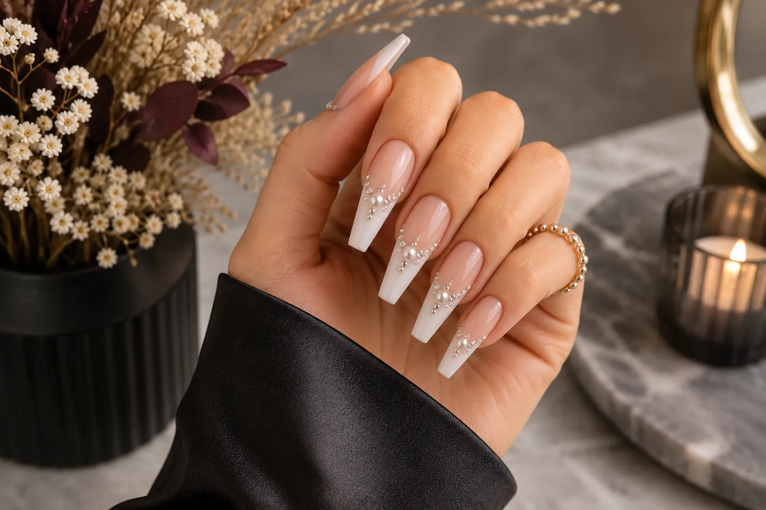 Luxury pearl crystal coffin French tip nails