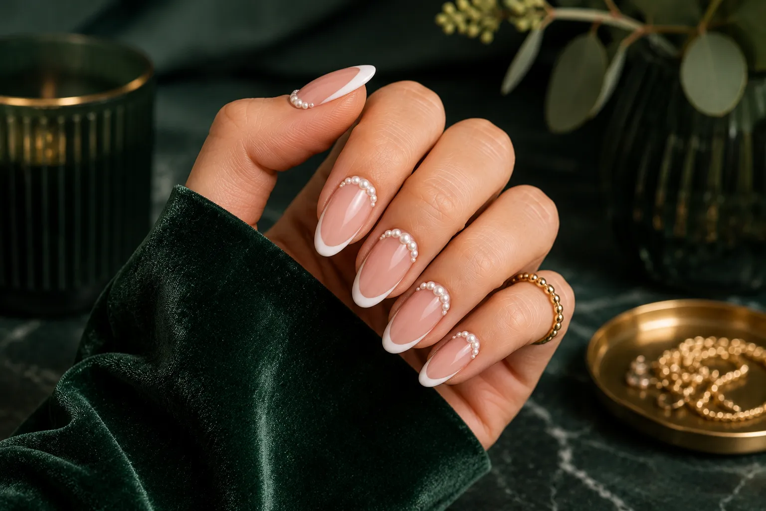 Glossy nude almond nails with small ivory pearl crescents placed near the cuticles