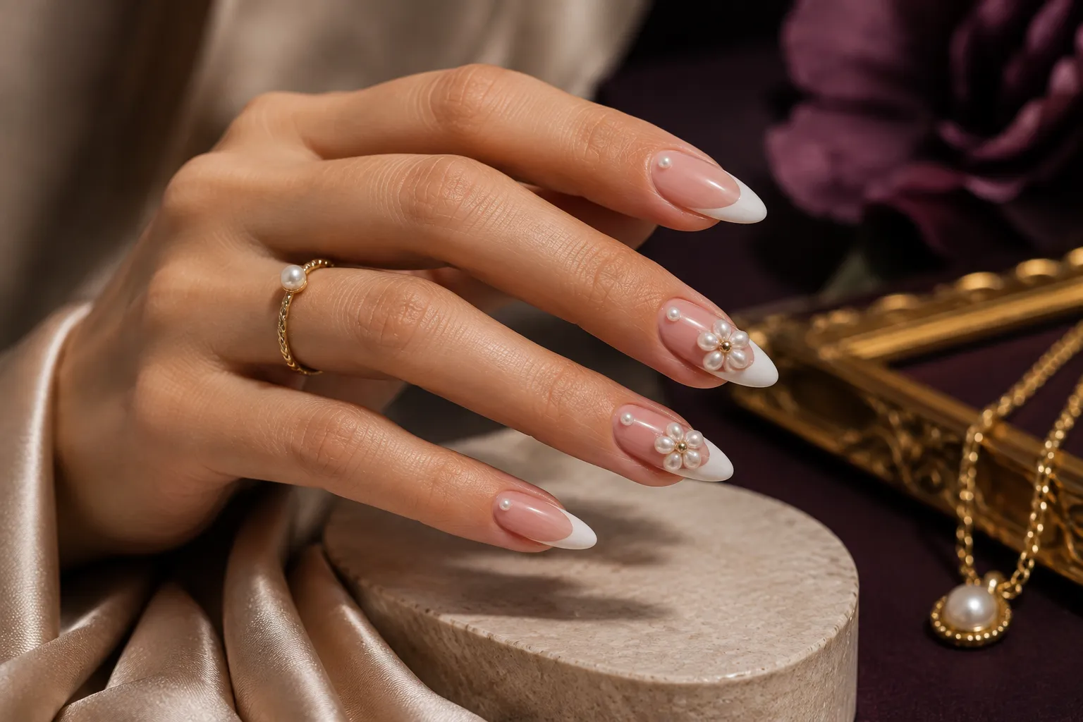 French tip nails with a small pearl flower on one accent nail and simple pearl details