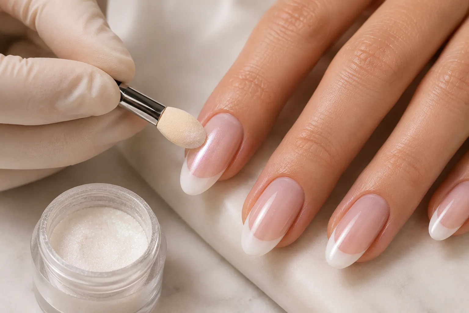 Nail technician lightly applying fine pearl powder over prepared glazed French tip nails