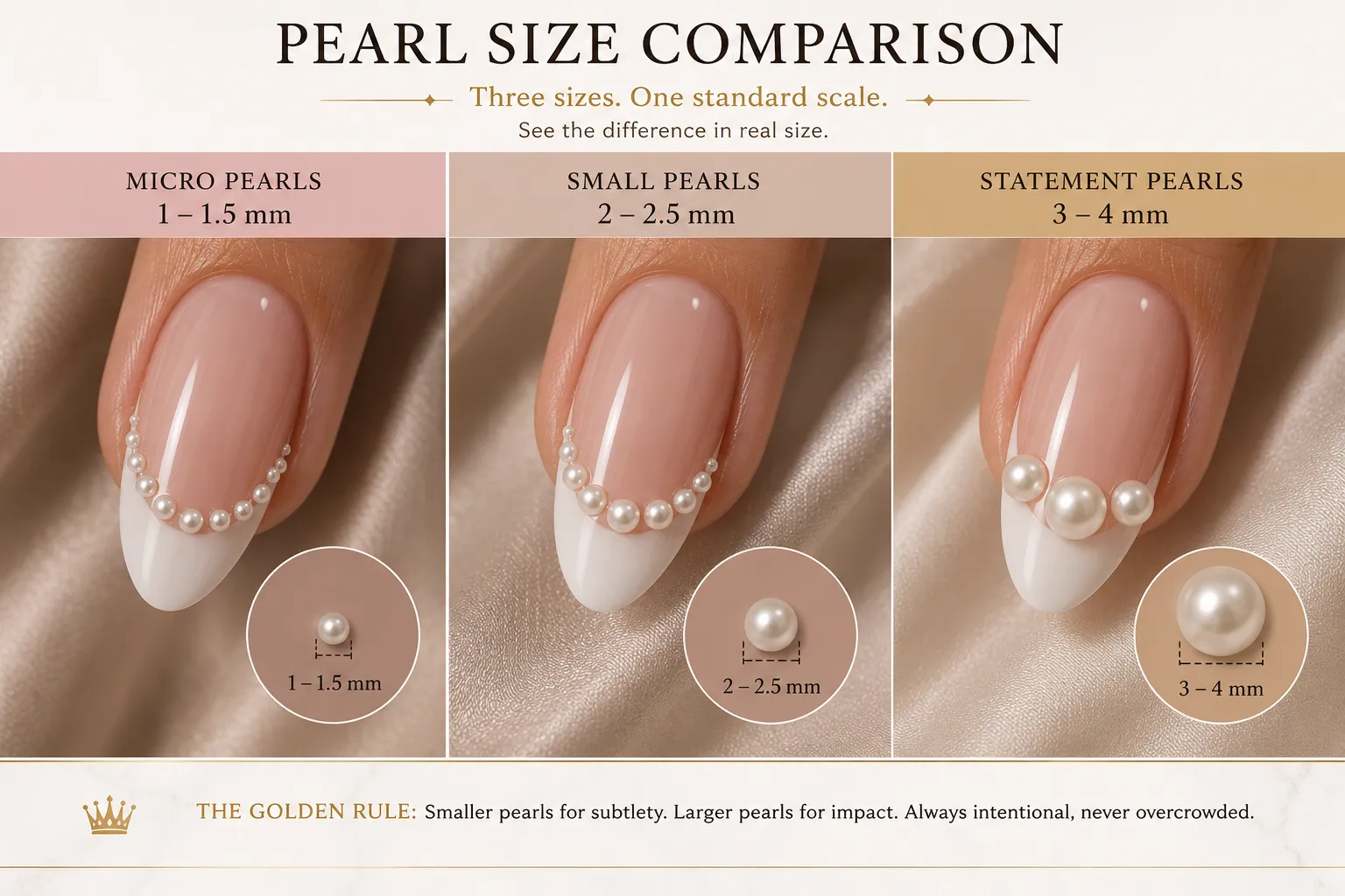 Pearl French tip nail comparison showing micro, small, and statement pearl sizes