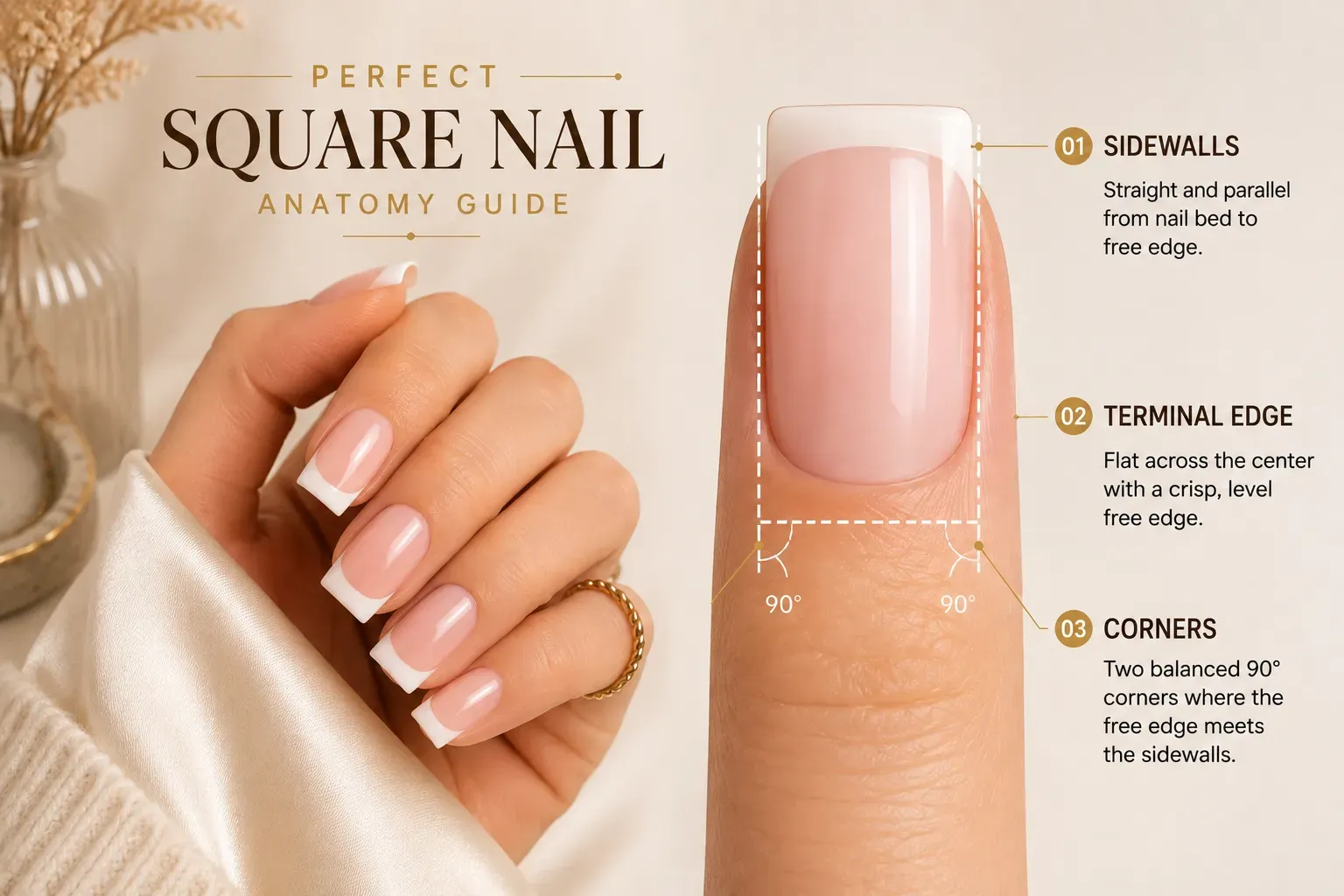 Educational close-up of a true square French nail showing parallel sidewalls flat free edge crisp corners and proportional French placement