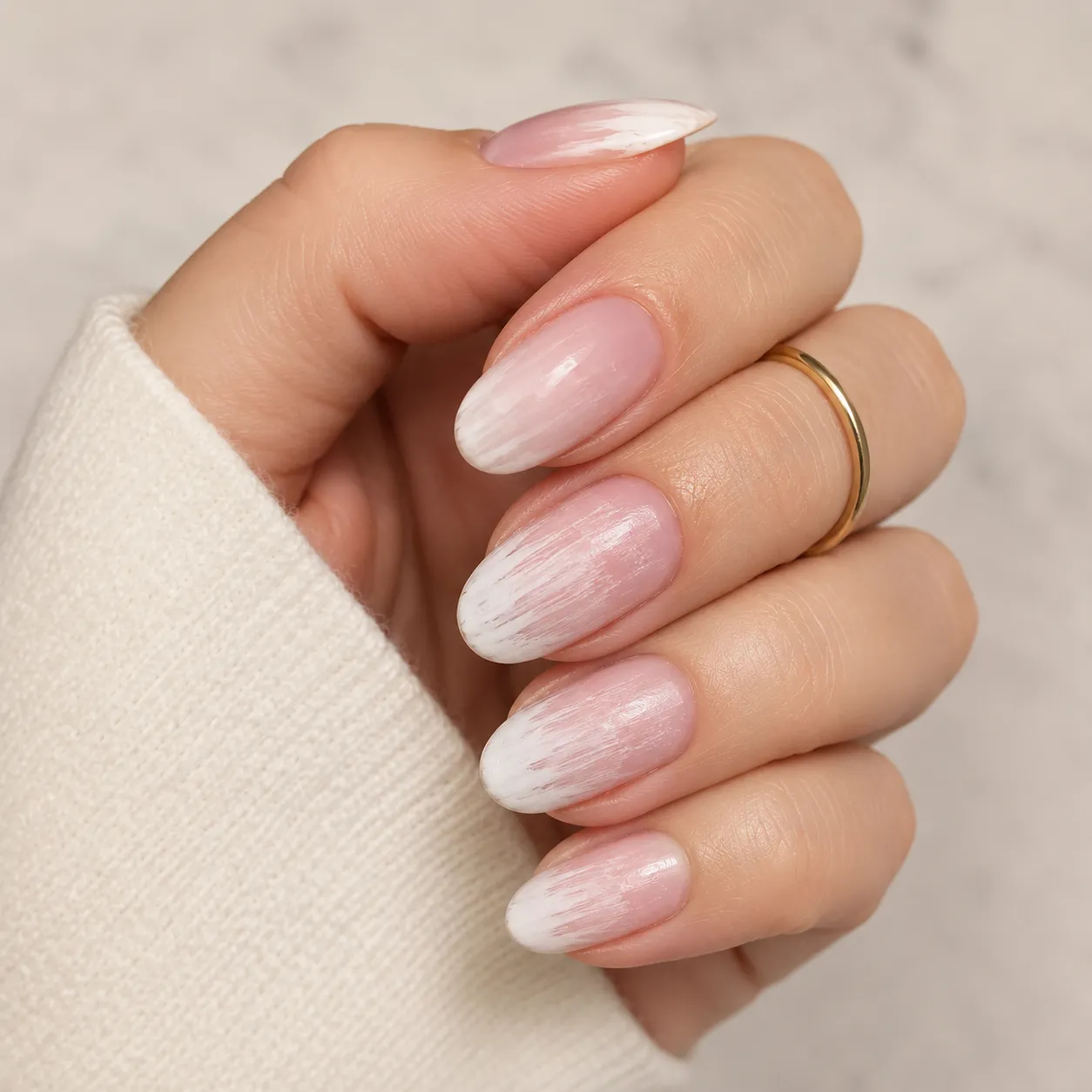 Poor Baby Boomer manicure with streaks, banding, and uneven white placement