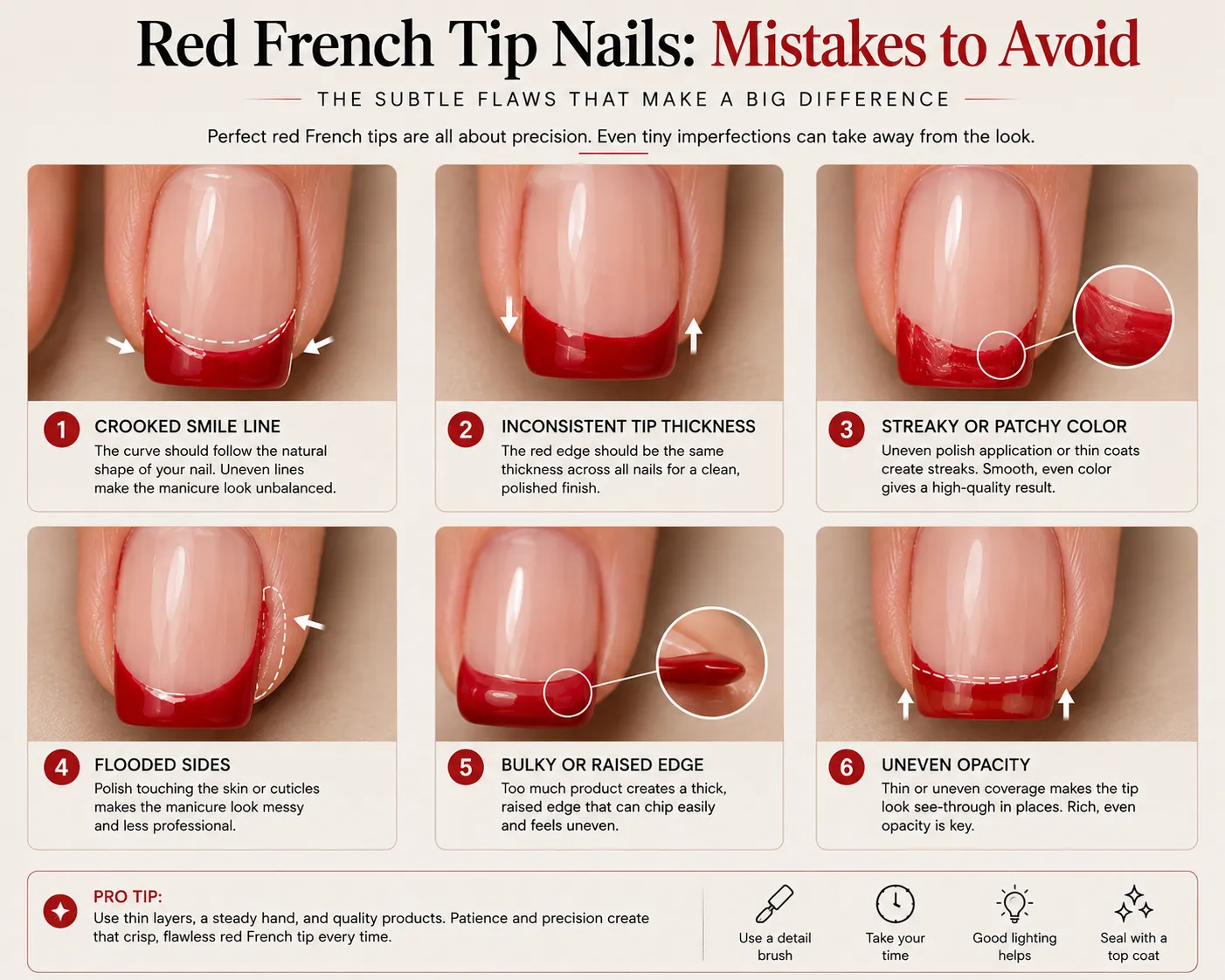 Poor red French tips with a crooked line, streaks, and a thick edge